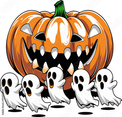Spooky stencil ghosts exiting a very large jack-o-lantern's mouth