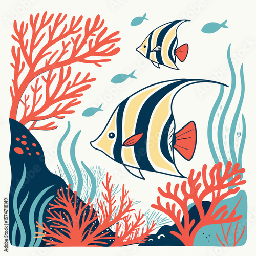 Two striped fish swimming near coral reefs and seaweed in an underwater scene illustration art