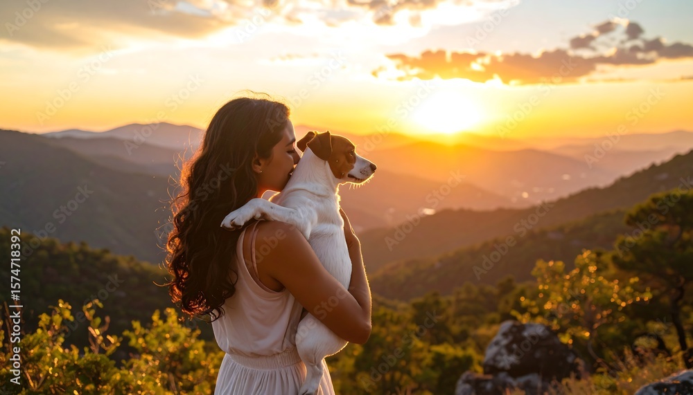 Obraz premium Woman holds dog, sunset views, mountains