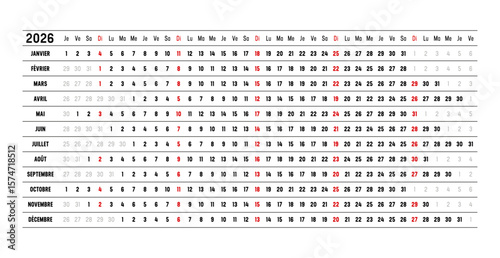Year 2026 wall calendar with aligned dates, in French. One page timeline, linear and horizontal, France