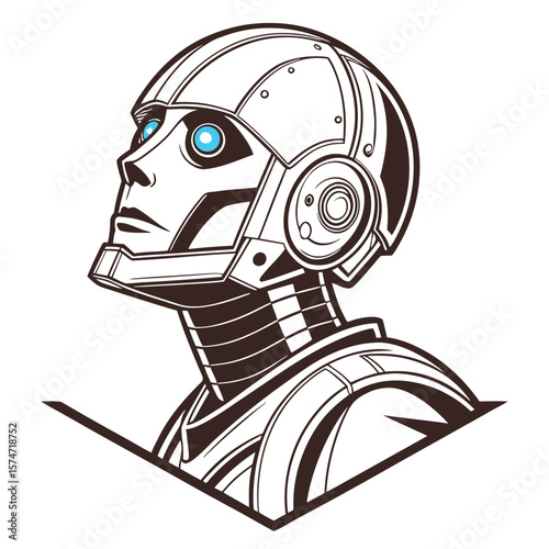 Illustration of a futuristic robot head with blue eyes looking upwards in a white background scene
