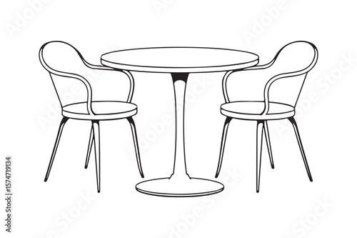 Minimalist line drawing of a round table with two chairs