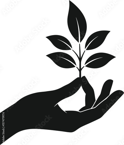 A black silhouette of a hand holding a plant with leaves on a yellow background