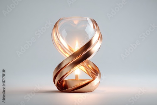 A contemporary candleholder with a glass bowl and copper-toned bands.