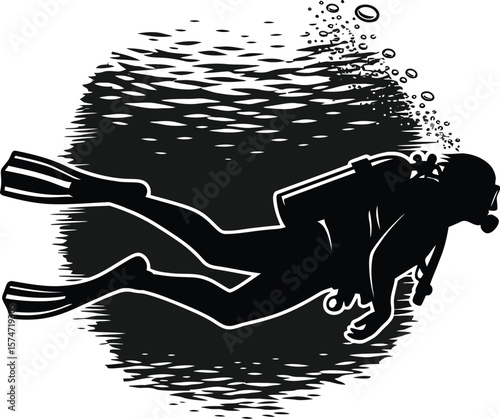Silhouette illustration of a scuba diver swimming underwater with bubbles around