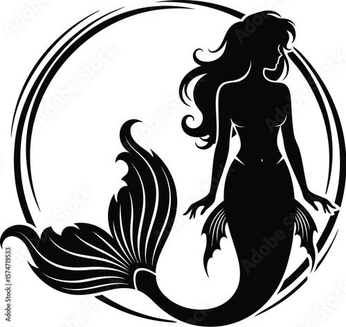 Silhouette illustration of a mermaid inside a circle on a white background