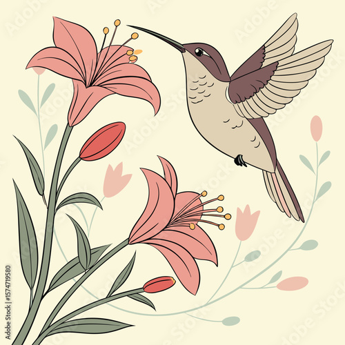 Hummingbird hovering near pink lily flowers with green stems and leaves on a light background illustration