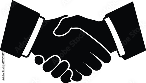 A black and white graphic of two hands shaking in a gesture of agreement and trust