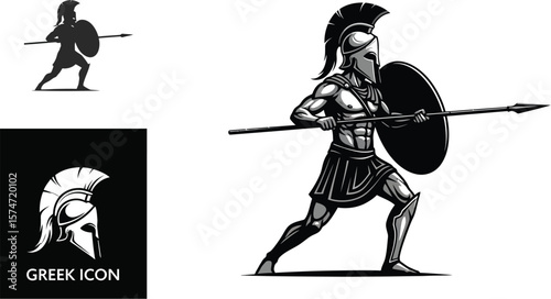 Illustration of a spartan warrior holding a spear and shield in a fighting stance