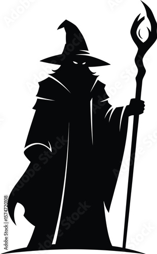A silhouette of a wizard in a cloak and hat holding a staff on a white background