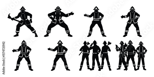 Firefighter Pose  silhouettes bundle on white Background 