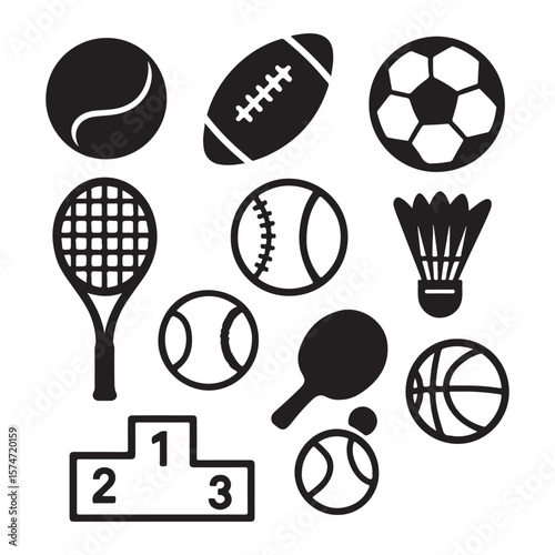 A vibrant vector set of sports ball icons illustrating equipment for games like tennis, basketball, football, soccer, golf, and more