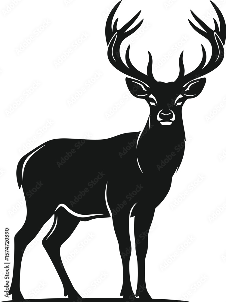 Obraz premium Silhouette of a deer with large antlers standing on a white background design