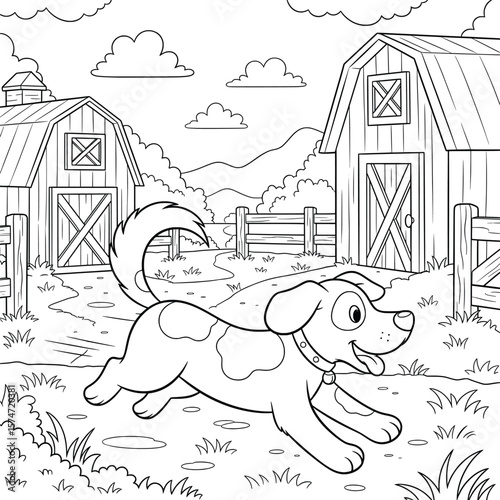 Cute cartoon dog running joyfully on a farm — barnyard animal coloring page for kids with rural background and happy puppy illustration in line art style