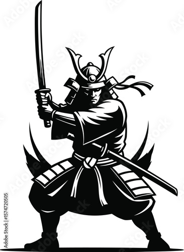 A black and white illustration of a samurai warrior holding a katana sword high up