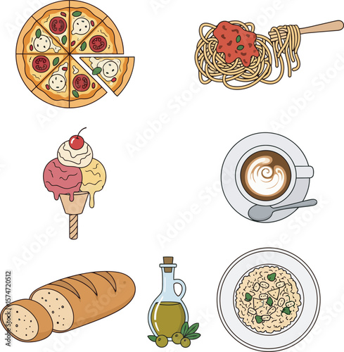 Illustration featuring Italian cuisine: pizza, spaghetti, ice cream, coffee, bread, olive oil, and risotto.