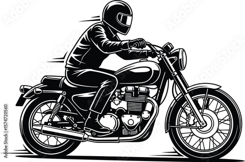 Illustration of a person riding a motorcycle with a helmet on a white background