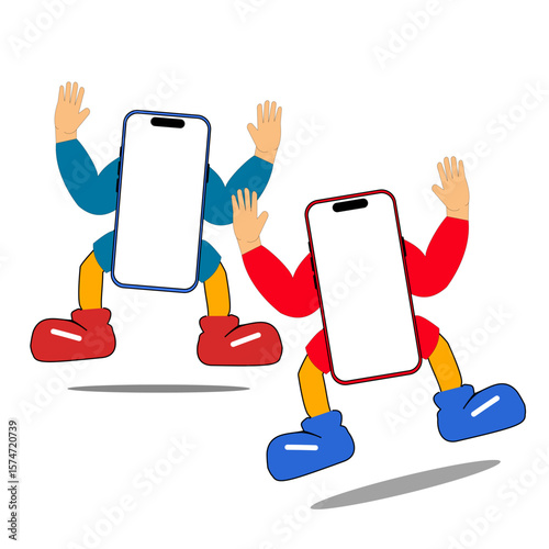 Cute cartoon of two smartphones with legs and expressive arms, like dancing or interacting. Ideal for digital ads, mobile app concepts, or educational media.
