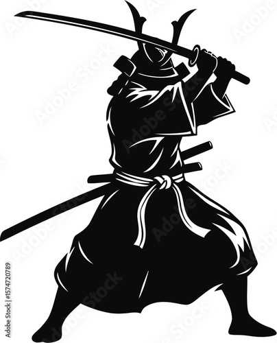 Silhouette of a samurai warrior with two swords on a white background art
