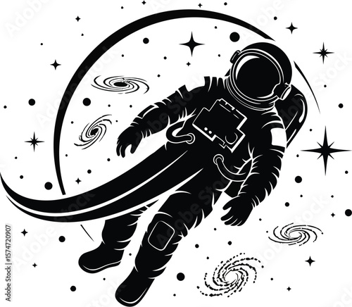 Silhouette illustration of an astronaut floating in space with stars and galaxies