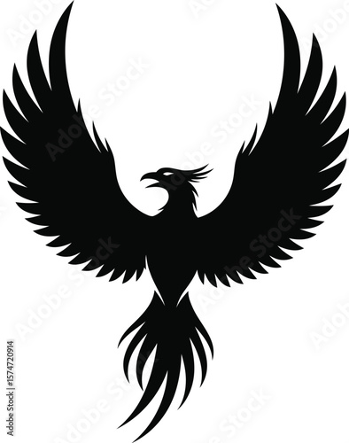 A stylized black phoenix with outstretched wings on a stark white background view