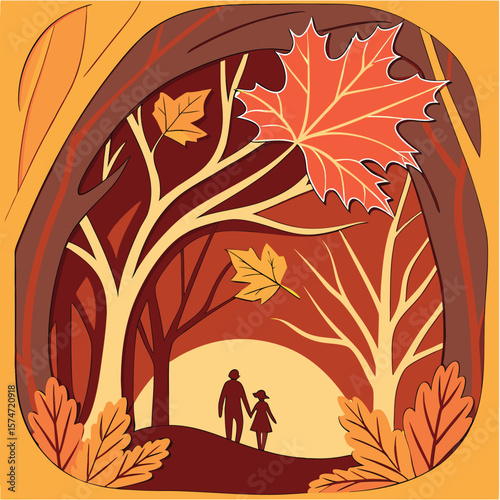 Silhouette of a couple walking through a forest with autumn leaves and trees in warm colors