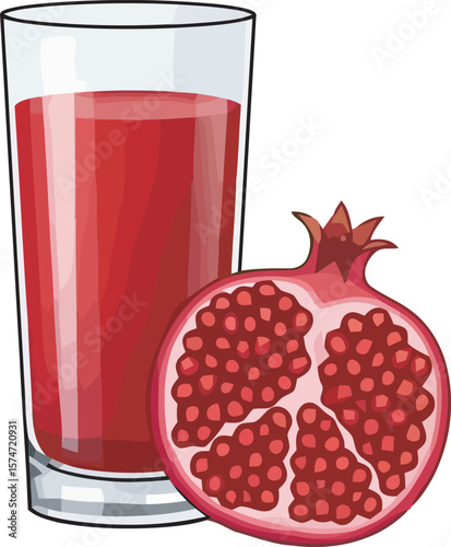 A glass of vibrant pomegranate juice alongside a halved fruit.
