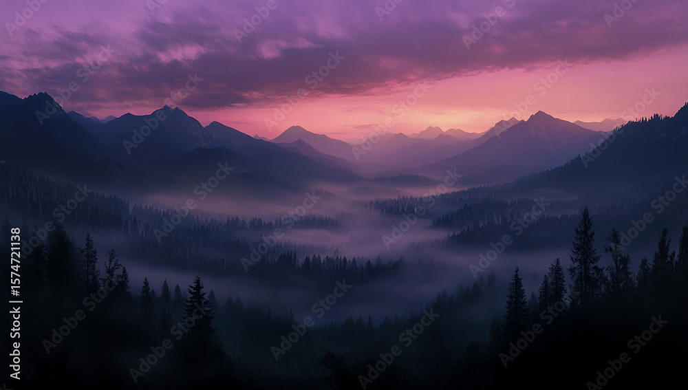 Obraz premium A wide-angle panoramic view of misty mountain peaks at sunrise, the sky a soft pink and purple hue, the soft morning light illuminating the landscape.