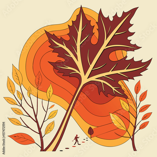 Illustration of a large leaf, trees, and a person walking in an autumn landscape with warm colors