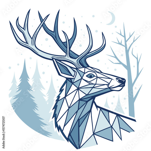 Geometric deer head with antlers in a winter forest scene under a crescent moon design style