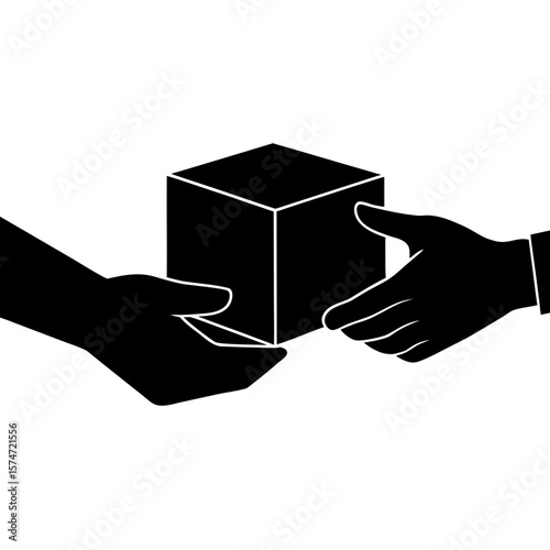 Hands exchanging a box delivery service silhouette vector illustration