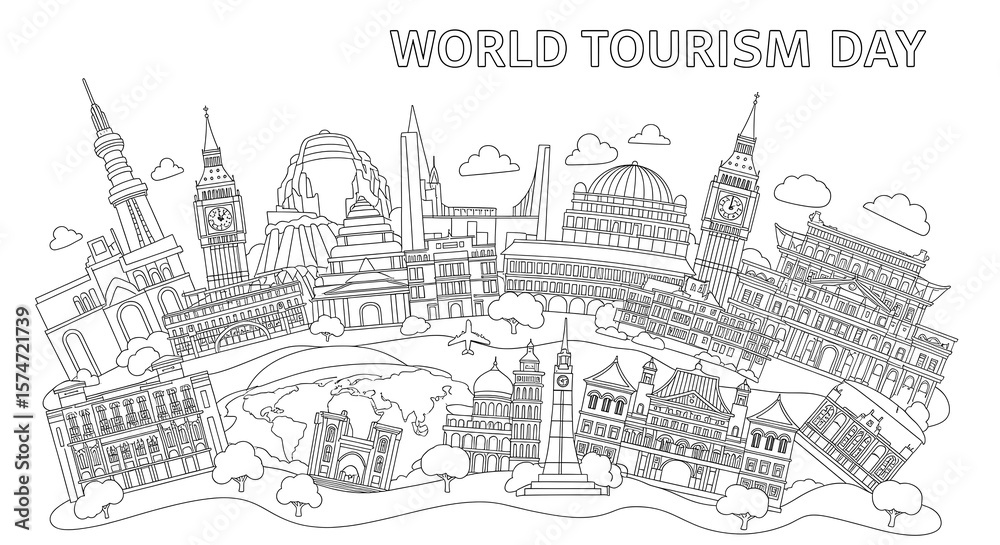 Fototapeta premium World tourism day illustration featuring famous landmarks and global travel elements in a stylized line art design isolated on transparent background