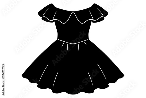 Elegant black dress with ruffles silhouette vector illustration
