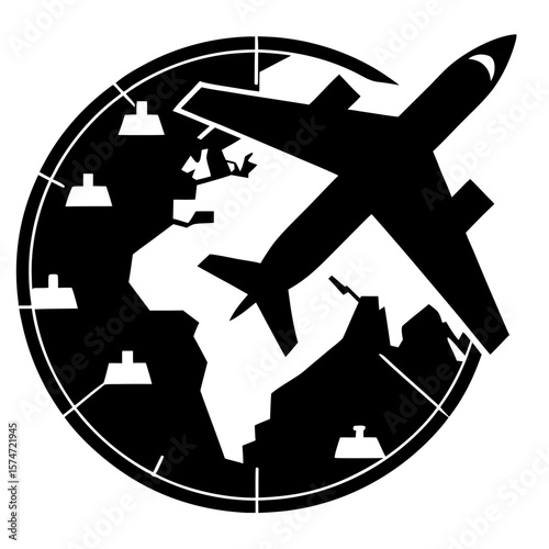 Airplane flying over world map travel concept silhouette vector illustration