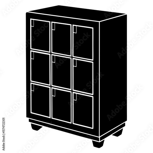 Modern black cabinet with nine shelves silhouette vector illustration