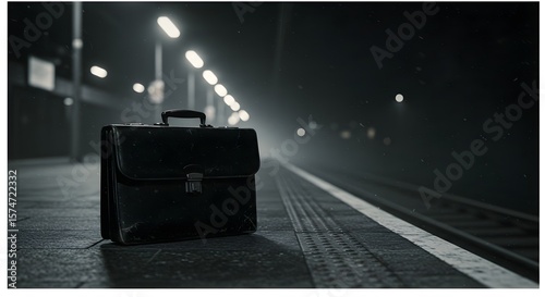 Lonely Briefcase Left on an Empty Train Station Platform at Night in a Dark Urban Environment