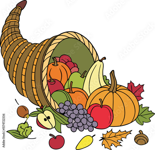 Abundant Autumn Harvest in a Cornucopia