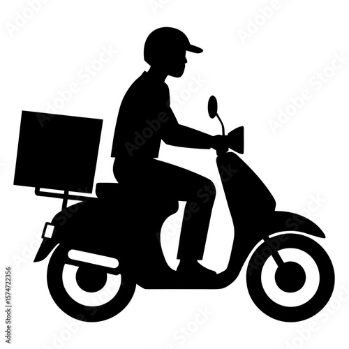 Delivery man riding scooter with package box silhouette vector illustration