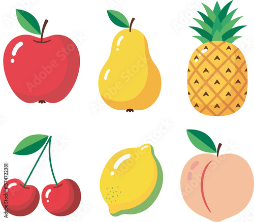 Vibrant Fruit Illustration Apples, Pears, Pineapples, Cherries, Lemons, and Peaches