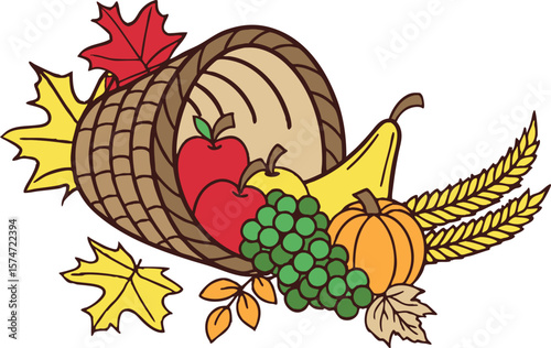 Autumn Harvest Cornucopia with Apples Grapes and Pumpkin