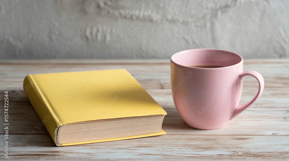 Light yellow book and pink coffee cup on pale wooden table Light yellow book and pink coffee cup on pale wooden table
