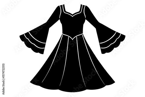 Elegant medieval dress with bell sleeves silhouette vector illustration