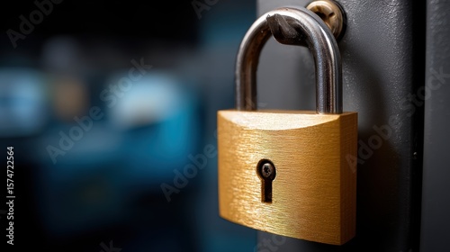 Close-up of a golden padlock securing a metal door