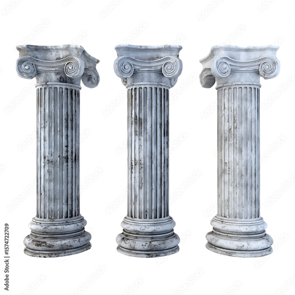 Obraz premium Three antique stone columns against a black background.