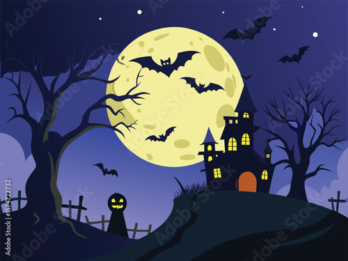 Horror Scene with Flying Bats and Moon