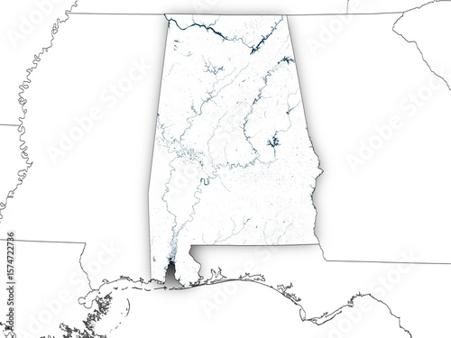 Withe map of Alabama with state borders isolated on transparent background. Contains modified Copernicus Sentinel data 2025.