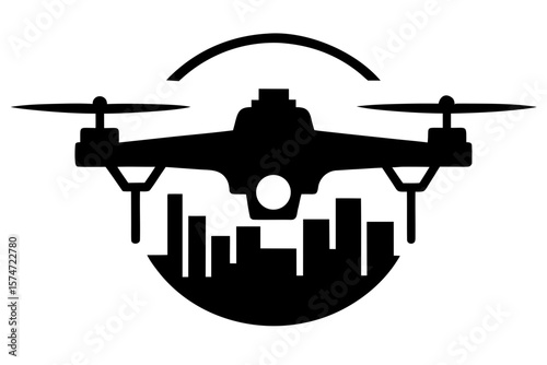 Drone flying over the city buildings silhouette vector illustration