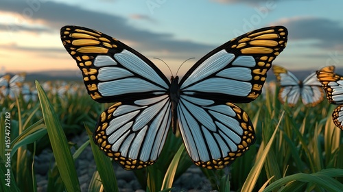 Monarch Butterfly in Grass Field at Sunset