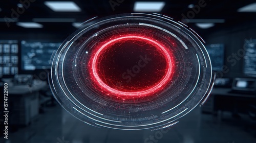 Futuristic digital red circular interface in cybersecurity control room