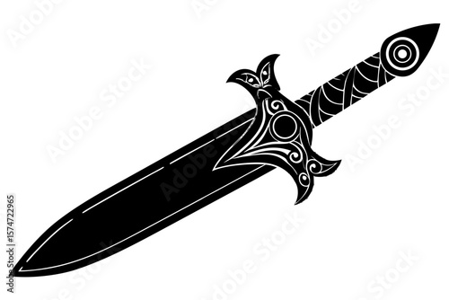 Ornate black dagger with detailed handle silhouette vector illustration